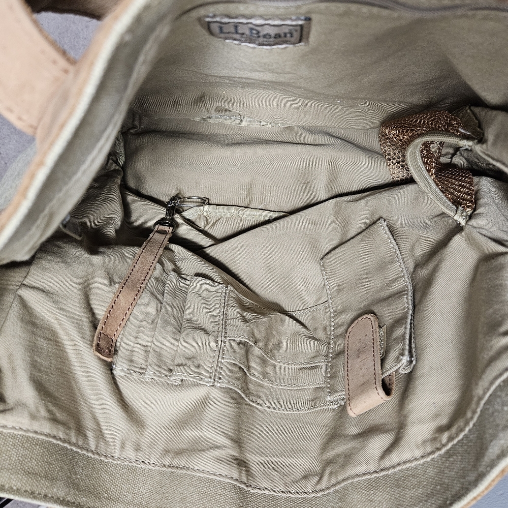 L.L. Bean Vintage Tan Beige Leather Canvas Travel Tote Bag Classic Preppy Purse - Picture 12 of 13